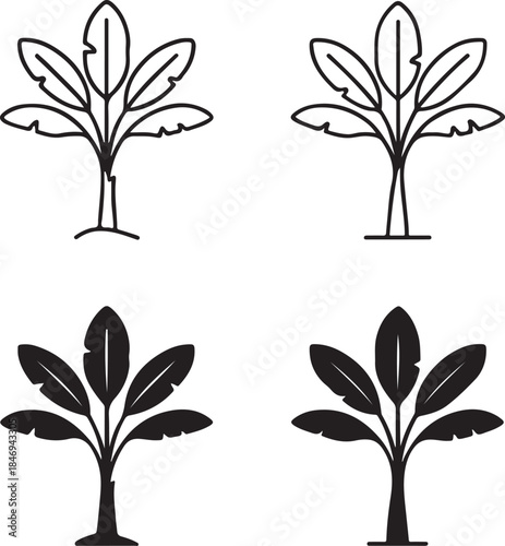 Isolated Banana Tree Icon Set, Banana Plant Leaf Silhouette Icon Collection, Tropical Banana Tree Botanical Icon, Black Minimal Nature Tree Icon, Solid And Outline Vector Design For Farming