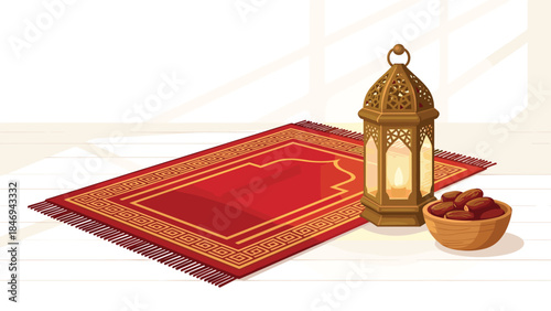A beautifully arranged prayer rug with a golden lantern and dates symbolizes peaceful devotion and islamic traditions.