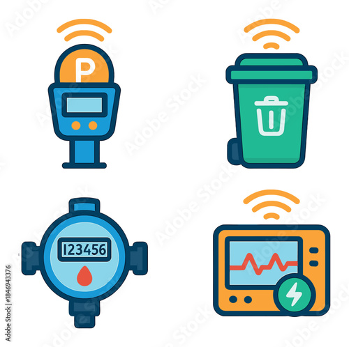 Smart city technology icons: parking meter, trash can, water meter, healthcare monitor