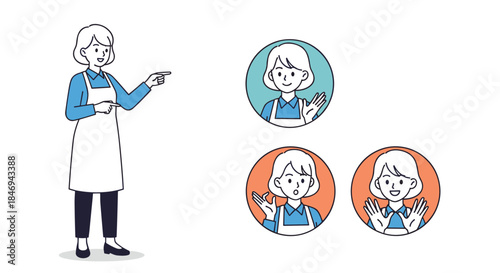 Female instructor wearing a white apron stands to the left and points to the right while three circular icons show her smiling teaching gestures and friendly expressions.
