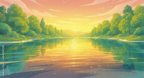 Golden river reflecting sunset between calm green riverbanks. Peaceful river scene with warm evening light and reflections. Serene sunset over quiet river surrounded by soft greenery