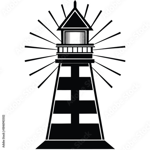 Black and white lighthouse icon with shining light rays