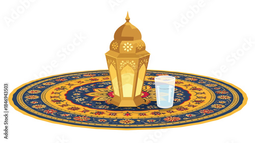 Golden ramadan lantern and a glass of water sit on an ornate patterned rug, symbolizing iftar and the holy month's traditions.