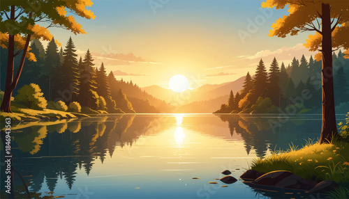 Symmetrical lake at sunset with forested shores. Calm mirror lake reflecting sunset and tall trees. Serene sunset lake with perfect water symmetry