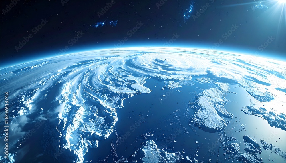 Fototapeta premium Aerial satellite view of hurricane and swirling clouds over ocean