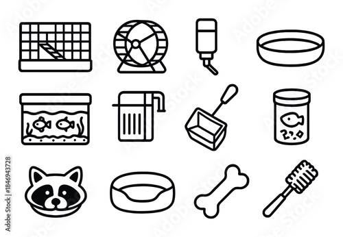 Pet care icons: hamster wheel, fish tank, dog bone, cat bed, raccoon face