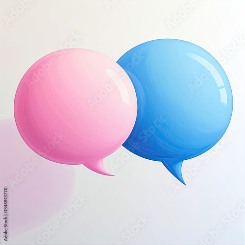 Two vibrant, glossy speech bubbles, pink and blue, floating on white