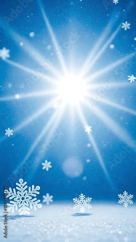 Bright Winter Sun with Falling Snowflakes and Icy Ground.