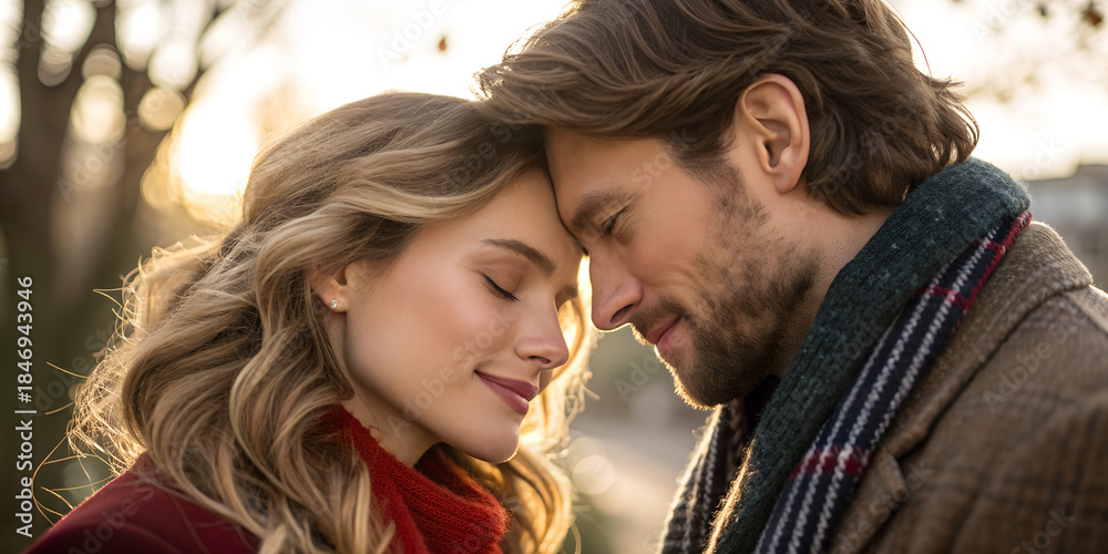 Obraz premium Close-up portrait of a loving couple with soft eye contact, showing genuine emotions and romantic connection. Valentine’s Day photography.
