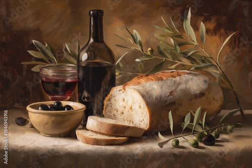 Elegant Fine Art Still Life with Rustic Bread, Wine Bottle and Olives (JPG 300DPI 10800×7200)