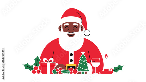 Festive illustration of a black santa claus with christmas decorations and a glass of wine, spreading holiday cheer.