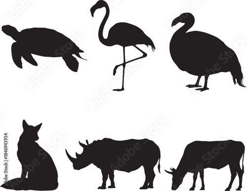 Collection of animal silhouettes turtle, flamingo, bird, fox, rhinoceros, and cow