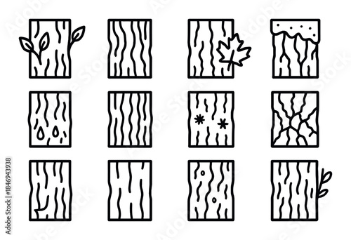 Wood texture icons with natural elements and patterns