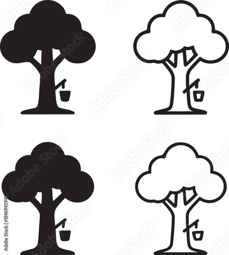 Isolated Rubber Tree Icon Set, Rubber Plantation Tree Silhouette Icon Collection, Natural Latex Rubber Tree Icon, Black Minimal Nature Tree Icon, Solid And Outline Vector Design For Agriculture