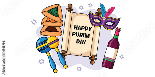 Happy Purim Day Icon Set with Megillah Hamantaschen Mask Wine and Gragger