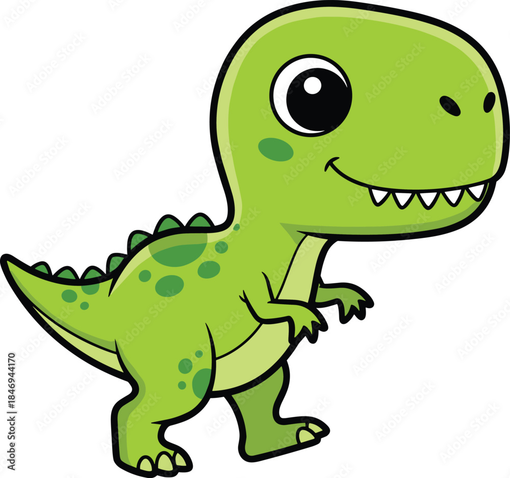Fototapeta premium Cartoon green dinosaur character smiling, cute T-Rex with spots and plates, vector art, flat design, isolated image