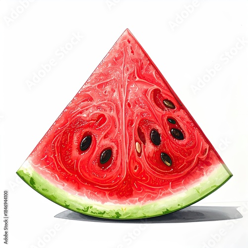 Triangle slice of juicy, red fruit with black seeds, white background