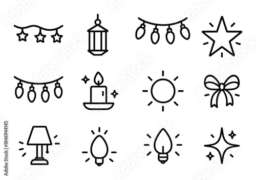 Set of decorative light icons featuring stars, lanterns, and bulbs