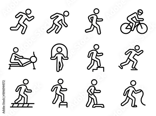 Fitness icon set featuring running, cycling, rowing, jump rope, and step exercises