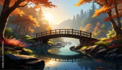Autumn forest bridge glowing with warm sunset reflections. Colorful fall trees framing a peaceful wooden bridge scene. Scenic autumn bridge over calm water at golden hour