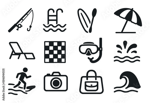 Summer activity icons: fishing, swimming, snorkeling, surfing, relaxation, beach leisure