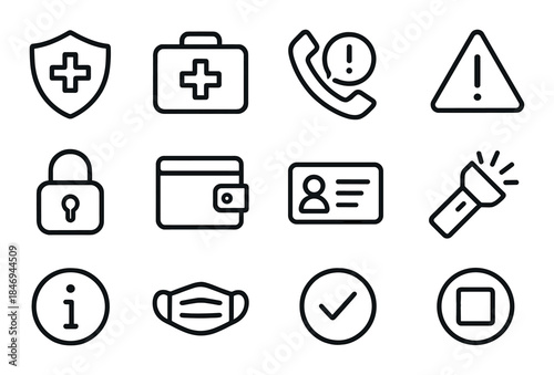 Health and safety icons set: first aid, alert, lock, id, mask, checkmark