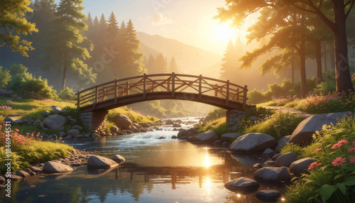 Wooden bridge over forest stream in warm golden morning light. Peaceful forest bridge with sunlight and calm flowing water. Scenic woodland bridge reflecting soft sunrise atmosphere