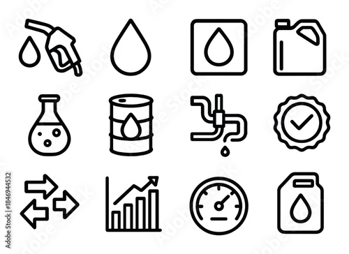 Oil industry icons: fuel, droplet, container, chemical, barrel, pipeline