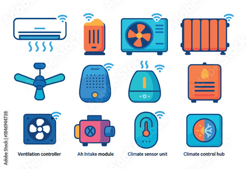 Smart home climate control icons: ventilation, heating, cooling, and sensors in blue and orange