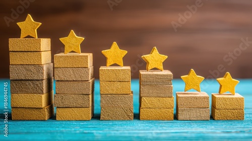 Bright stack of gold stars representing an ethical index and ranking system for evaluating performance