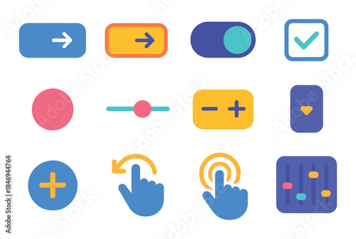Colorful neon ui elements including buttons and icons with glowing effects