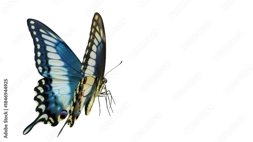 Fototapeta Blue and yellow swallowtail butterfly isolated PNG, detailed insect with intricate wing patterns on transparent background
