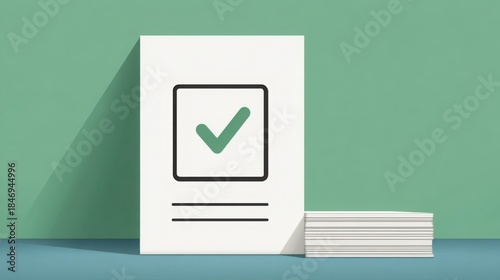 Stack of white paper with green tick mark indicating approved form as a representation of excise registration icon concept