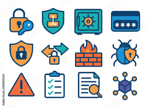 Cybersecurity icons: shield, lock, firewall, network, data protection, alert symbols
