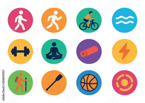 Colorful icons depicting various fitness activities and hobbies in vibrant circles