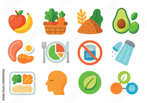 Healthy eating icons: fruits vegetables nutrients avocado salt sodium awareness