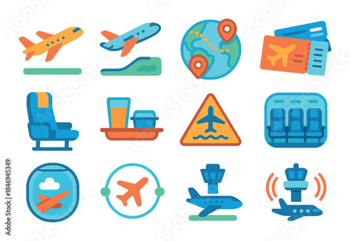 Air travel icons set featuring airplanes and airport elements
