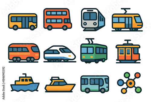 Colorful icons of various public transport vehicles
