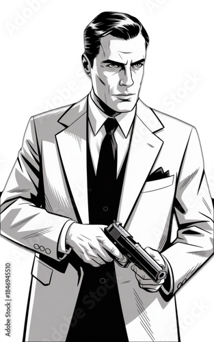 Black and white illustration of man in suit holding gun representing classic crime noir detective action thriller character and vintage cinematic style