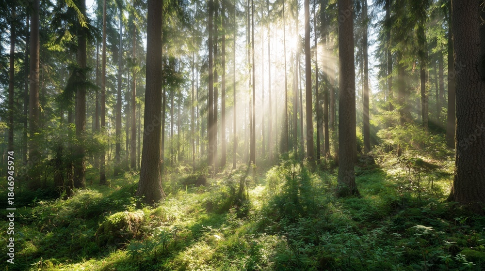 Fototapeta premium Sunlight shining through trees in a forest during midday