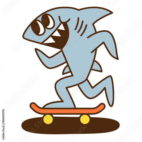 A shark cartoon character skating on a skateboard
