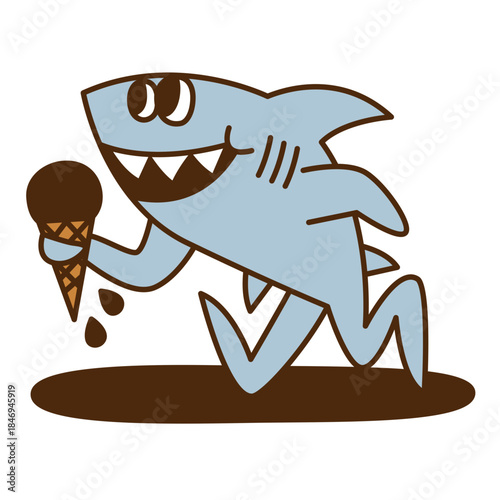 A shark cartoon character walking and holding a cone of ice cream in hand