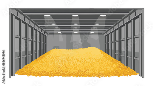 A massive pile of golden coins fills a secure vault, illuminated by bright overhead lights, representing wealth and treasure.