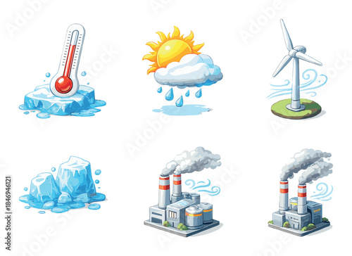 Weather and energy icons: thermometer, sun, wind turbine, ice, clouds, factory