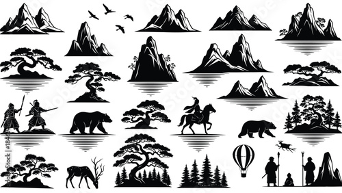 Collection of black and white stylized icons featuring majestic mountains, ancient trees, warriors, and wildlife