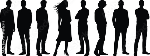 Silhouettes of diverse adults and business professionals standing in a row, representing a corporate team and various serious poses isolated on a white background.