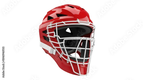 Red catcher s mask PNG isolated on transparent background, protective sports equipment for baseball and softball games