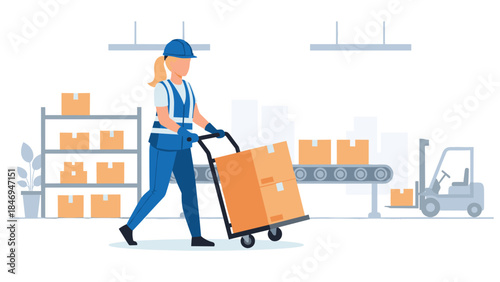 Dedicated warehouse worker efficiently transports stacked cardboard boxes on a hand truck within a bustling industrial facility.