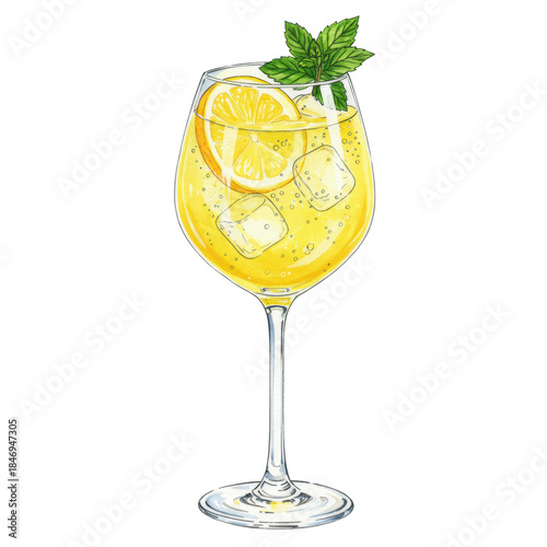 Watercolor illustration of a vibrant limoncello spritz cocktail in an elegant copa glass with ice and mint, isolated on a transparent background with ample negative space. concept for beverage