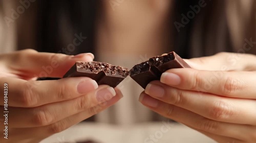 Close up of Woman's Hands Breaking a Dark Chocolate Bar Against a Soft Brown Blurred Background in Natural Lighting